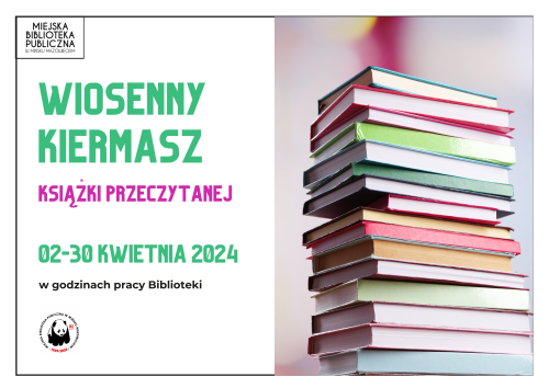 Po prawej stronie stos książek ułożonych jedna na drugiej. Po lewej stronie kolorowy tekst na białymm tle.