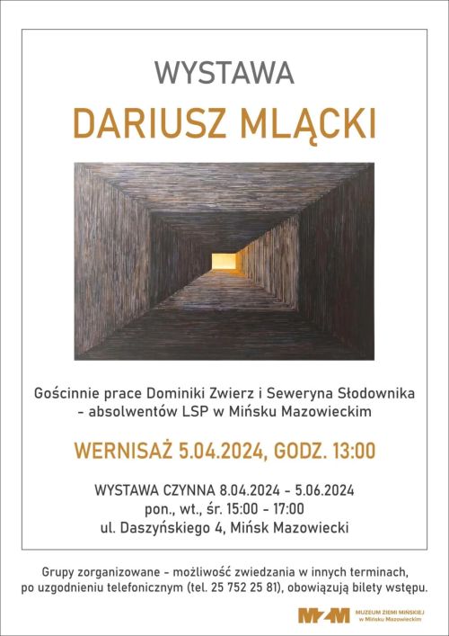 plakat z pracą artysty przedstawiającą tunel, na jego końcu widać pomarańczowe światło, poniżej tekst na białym tle