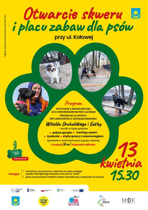 grafika zielonej łapy psa na zółtym tle, w środku łapy tekst i zdjecia bawiących się psów, logotypy na dole