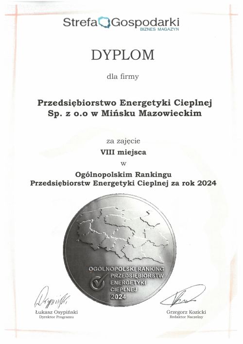 Dyplom dla firmy PEC Sp. zo.o.z w Mińsku Mazowieckim. Na dole zdjęcie medalu z wygrawerowaną mapą Polski, z tytułem głównym...