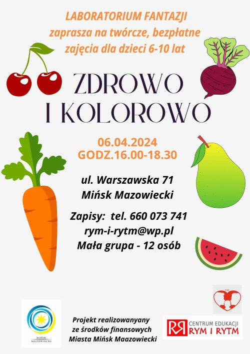 plakat z grafika przedstawiającą owoce i warzywa: wiśnia, burak, marchewka, gruszka, arbuz, tekst znajduje się w treści...