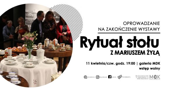 Po lewej w kole zdjęcie przykrytych białym obrusem stołów z piękna porcelanową zastawą. Po prawej tekst na białym tle.