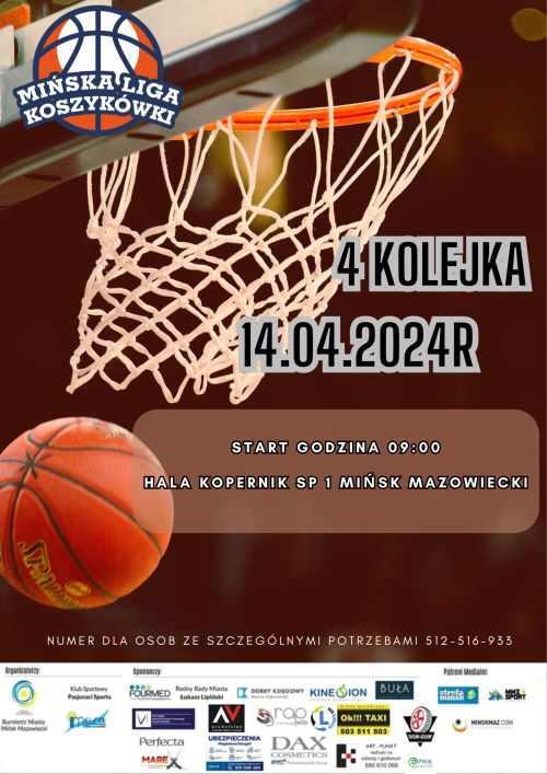 Zdjęcie piłki koszykowej w powietrzu i kosza. W lewym górnym rogu napis Mińska Liga Koszykówki. Na dole loga