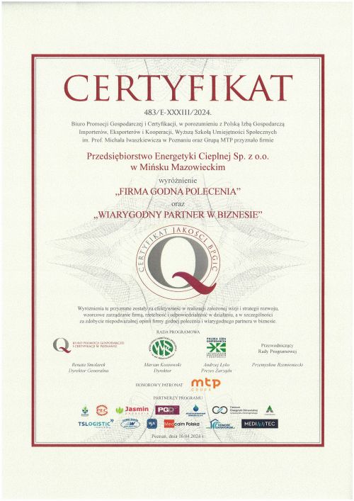 Certyfikat dla firmy PEC Sp. z o.o. w Mińsku Mazowieckim