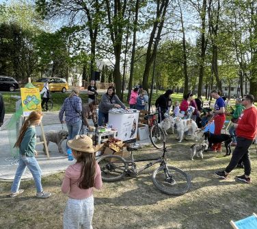 Na dworze. Grupa osób z psami. Na środku rower.