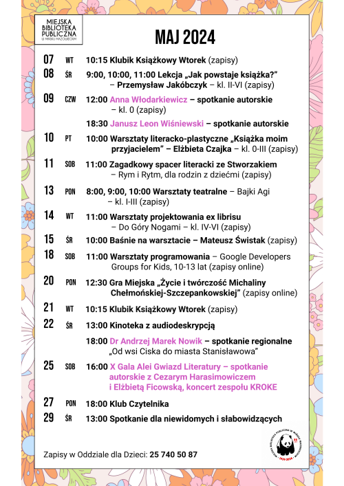 Na białym tle majowy harmonogram wydarzeń z kolorową obwolutą w kwiaty. Na środku napis Maj 2024.