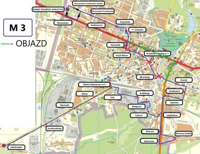 Wycinek mapy z zaznaczoną zmianą trasy autobusu komunikacji miejskiej linii M3