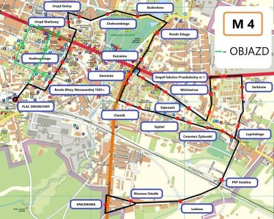 Wycinek mapy z zaznaczoną zmianą trasy autobusu komunikacji miejskiej