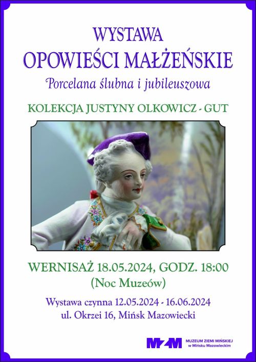 Na białym tle fioletowo-zielone napisy. Po środku zdjęcie porcelanowego chłopczyka. Fioletowa obramówka.