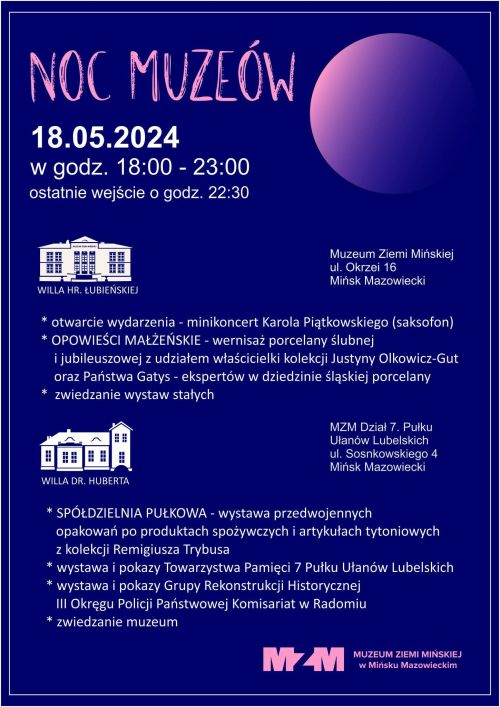 Na fioletowym tle treści. Po lewej dwa rysunki muzeów. W prawym-górnym rogu koło różnych odcieni fioletu
