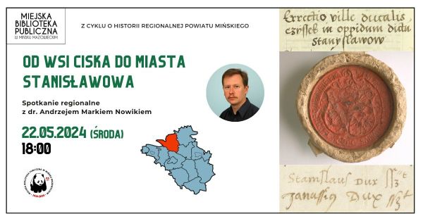 Po lewej na białym tle treści. Po środku mapa z zaznaczonym na czerwono wycinkiem oraz w małym kole zdjęcie mężcyznzy. Po...