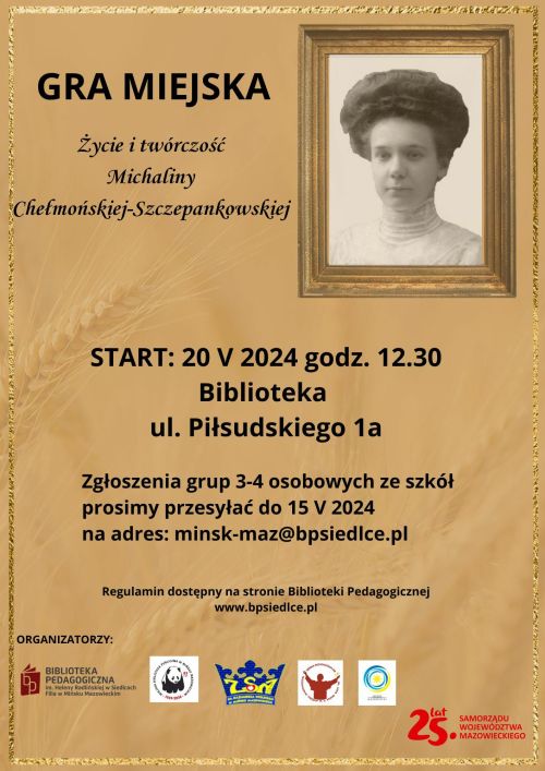 Na brązowym tle czarna treść. W prawym-górnym rogu portret kobiety