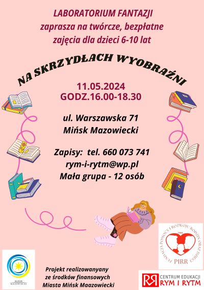 grafika z książkami oraz dziewczynką, która czyta, różowe tło