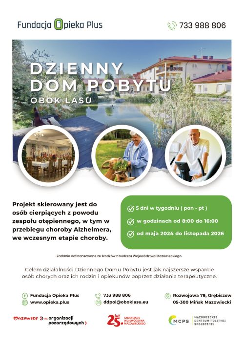 Na białym tle informacje. Na górze zdjęcie domu nad wodą z kładką. Poniżej trzy koła i zdjęcia: sali, kobiety karmiącej...
