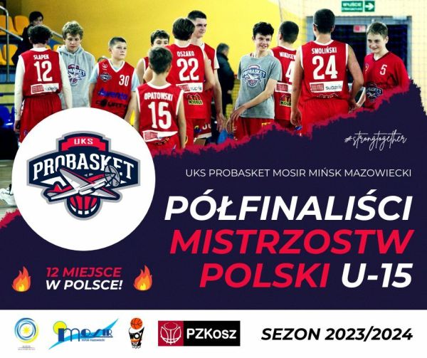 Na górze zdjęcie chłopców w czerwonych strojach sportowych. Poniżej na granatowym tle kolorowe informacje