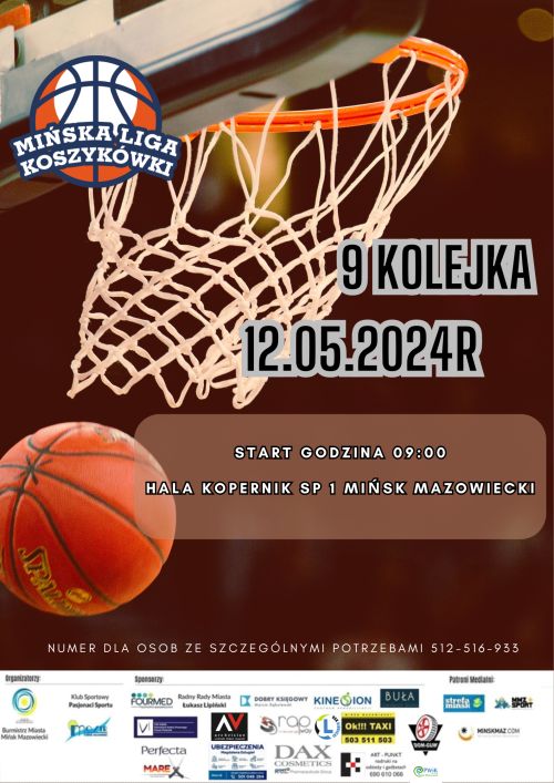 Na ciemno-brązowym tle informacje i zdjęcie koszta do koszykówki. Pod koszem piłka do kosza
