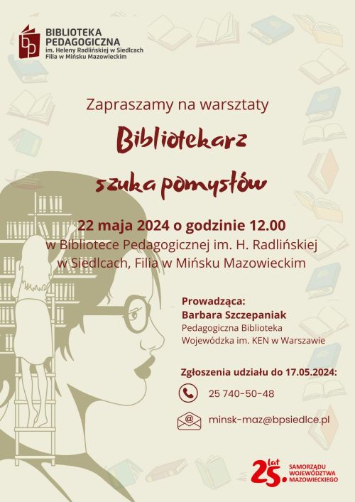 Na kremowym tle czerwony tekst. Po lewej zarys twarzy kobiety. Po prawej zarys książek