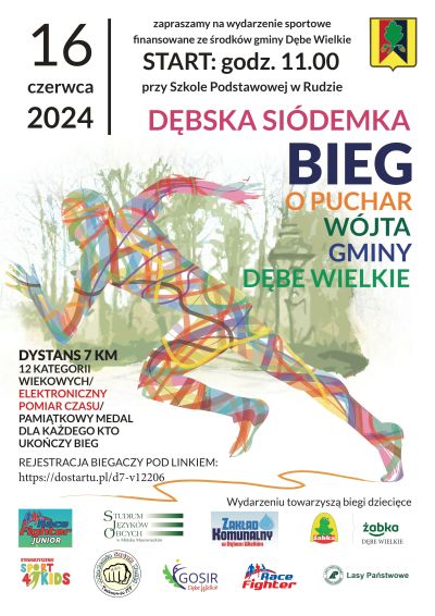 plakat z grafiką kolorowej sylwetki biegacza na zielonym tle, na dole logotypy, na górze tytuł wydarzenia