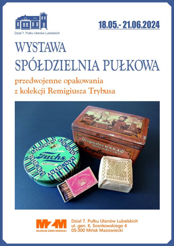 Po środku na granatowym kwadracie zdjęcie starych pudełek i zapałek. Naokoło na białym tle kolorowe informacje