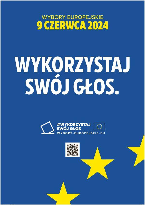 Na granatowym tle po środku tytuł główny wykorzystaj swój głos. Na dole łuk z trzech żółtych gwiazdek