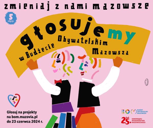 Na różowym tle kolorowe informacje. Po środku grafika dwóch osób stojących tyłem do siebie trzymających nad głowami...