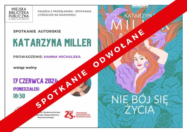 Po lewej na jasnym tle informacje zawarte w artykule. Po prawej okładka książki zarys kobiety w toni morskiej. Całość...