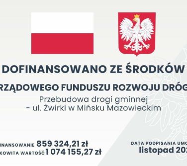 Na szarym tle informacje dotyczące dofinansowania. Od góry flaga biało-czerwona i obok biały orzeł w koronie na czewonym tle