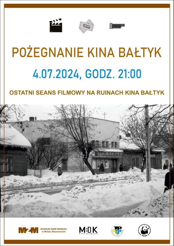 Czarno-białe zdjęcie budynków w zimie. Gdzieniegdzie osoby. Naokoło na białym tle informacje