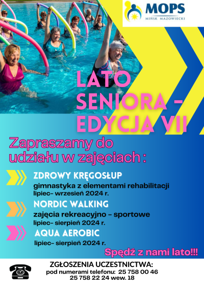 Napisy na niebiesko-żółtym tle. Na górze zdjęcie kobiet w strojach kąpielowych. Ćwiczą w basenie.