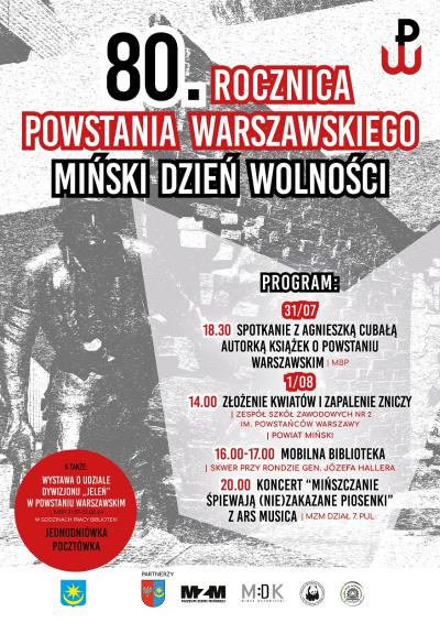 czarno-czerwone napisy na tle szarej grafiki z powstańcem i murem z cegieł.