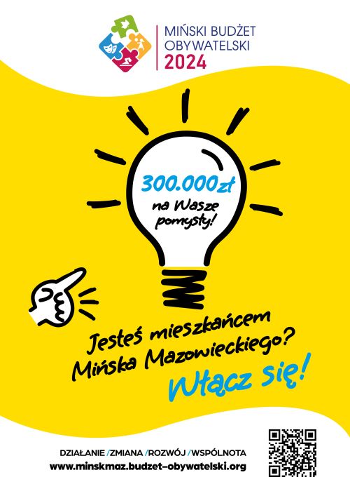 Po środku na żółtym tle żarówka i informacje. Góra i dół na białych tłach informacje