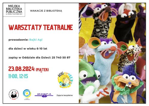 Po lewej kolorowy tekst, po prawej zdjęcie kolorowych pacynek.