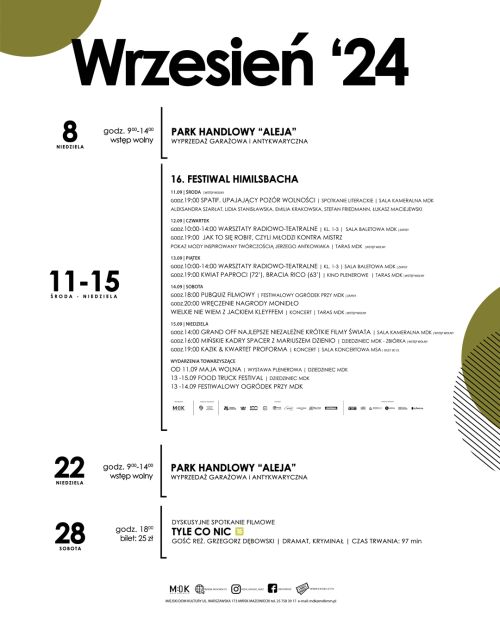 Na białym tle wrześniowy harmonogram wydarzeń w MDK. Na środku napis Wrzesień 2024.