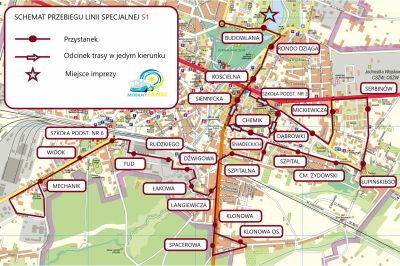 Wycinek mapy z zaznaczoną trasy autobusu komunikacji miejskiej
