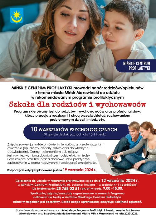 Na białym tle informacje. Na górze zdjęcie kobieta pokazuje coś na kartce chłopcu. Po prawej chłopak i dziewczyna siedząc...