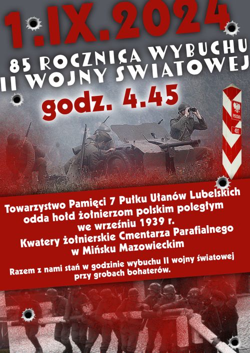 Na czerwonym tle informacje. Powyżej w tle szare zdjęcie armaty z żołnierzami. Na dole żołnierze przy szlabanie