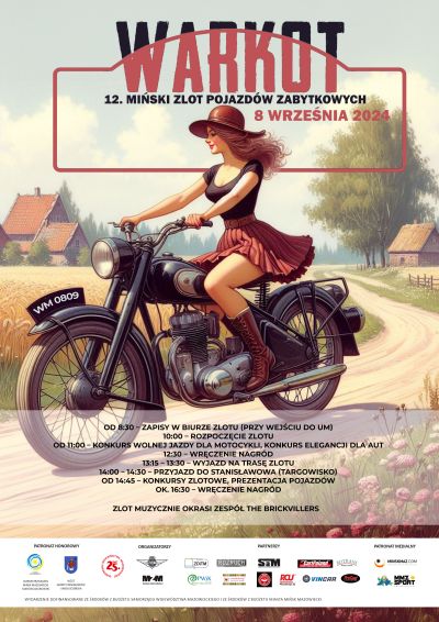 grafika z wizerunkiem dziewczyny w kapeluszu. Jedzie na motorze przez polną drogę. w tle pole i zabudowania.