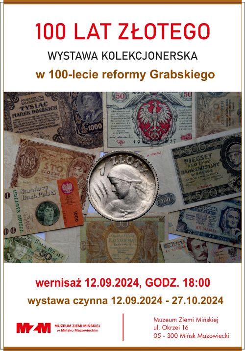 Na górze i na dole na białym tle kolorowe informacje. Po środku zdjęcie monety, naokoło zdjęcie starych banknotów