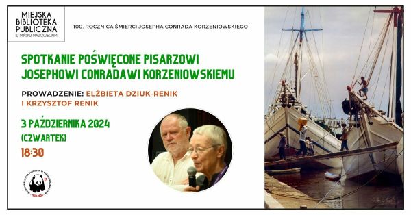 Po lewej na białym tle kolorowe napisy. Po środku w małym kole zdjęcie kobiety i mężczyzny. Po prawej zdjęcie statków na...