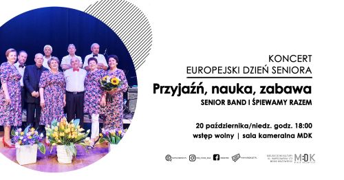 Po lewej w kole stoją mężczyżni i kobiety odświętnie ubrani, przed nimi kwiaty. Po prawej na białym tle informacje