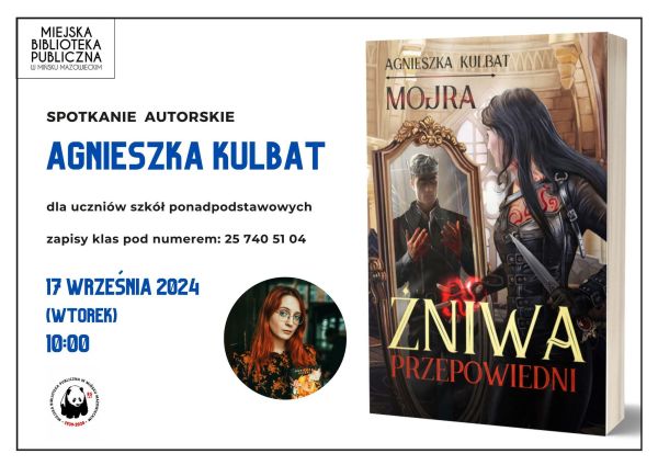 Po lewej na białym tle kolorowe napisy. Po środku w małym kole zdjęcie kobiety. Po prawej okładka książki z tytułem Żniwo
