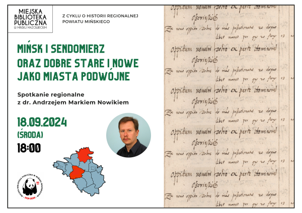 Po lewej na białym tle informacje, w małym kole zdjęcie mężczyzny, mapka z zaznaczonymi na czerwono miejscami. Po prawej na...
