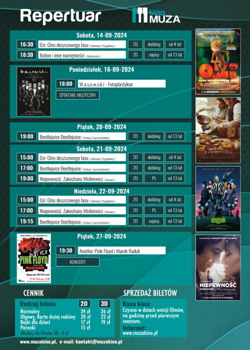 Na ciemno-zielonym tle harmonogram filmów i wydarzeń. Na górze napis repertuar kina Muza, zdjęcia plakatów filmowych po...