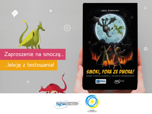 Po lewej na szarym tle dwa kolorowe smoki i informacje. Po prawej ciemna okładka książki z tytułem Smoki, fora ze dwora...