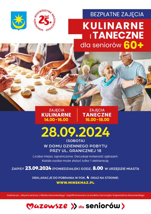 Na górze dwa zdjęcia gotujących rąk i tańczącej pary. Naokoło kolorowe informacje na tle niebiesko-czerwono-białym