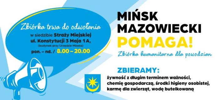 Na biało-niebieskim tle informacje. Po lewej niebieski megafon