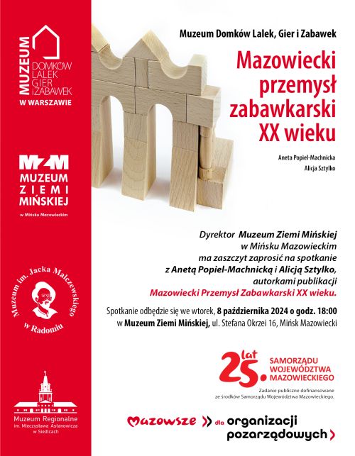 Po lewej stronie na czerwonym tle logotypy, w środku budowla z drewnianych klocków w otoczeniu napisów na białym tle