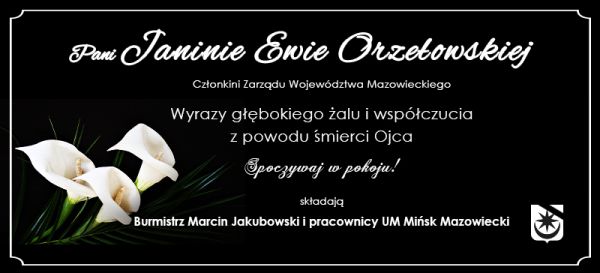 Na czarnym tle kondolencje. Po lewej trzy białe kalie