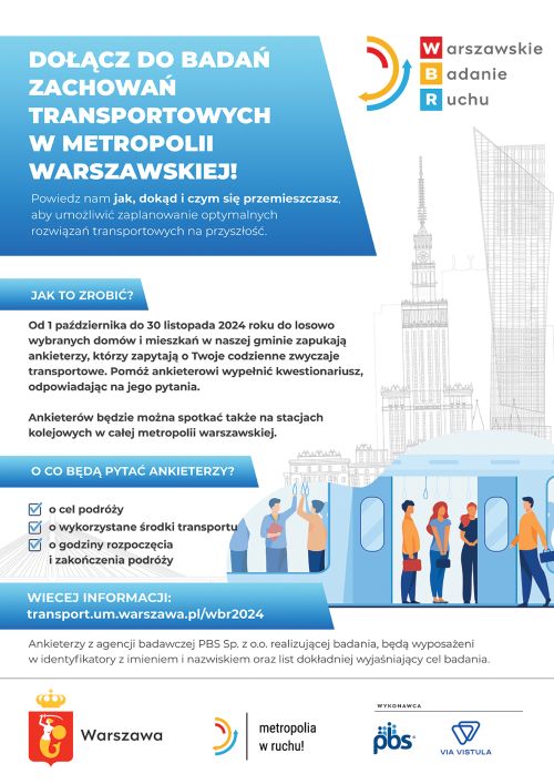 Na białym i niebieskim tle informacje. Po prawej szary rysunek pałacu kultury, pod nim kolorowy rysunek ludzi w metrze