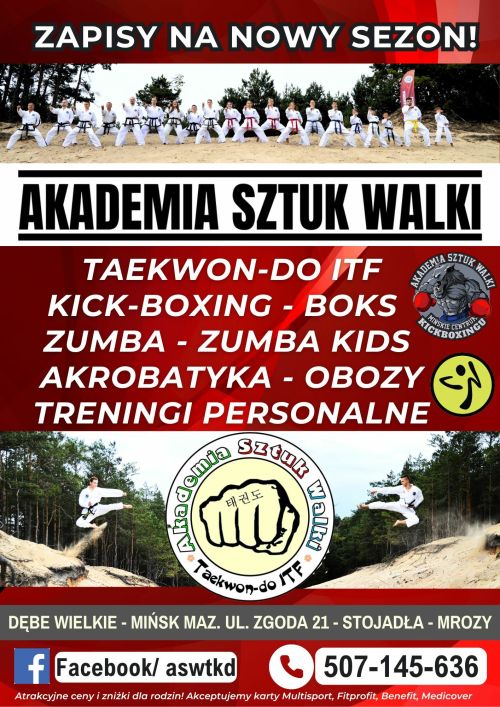 Na czerwonym tle informacje. Na górze zdjęcie osób ćwiczących w białych kimonach